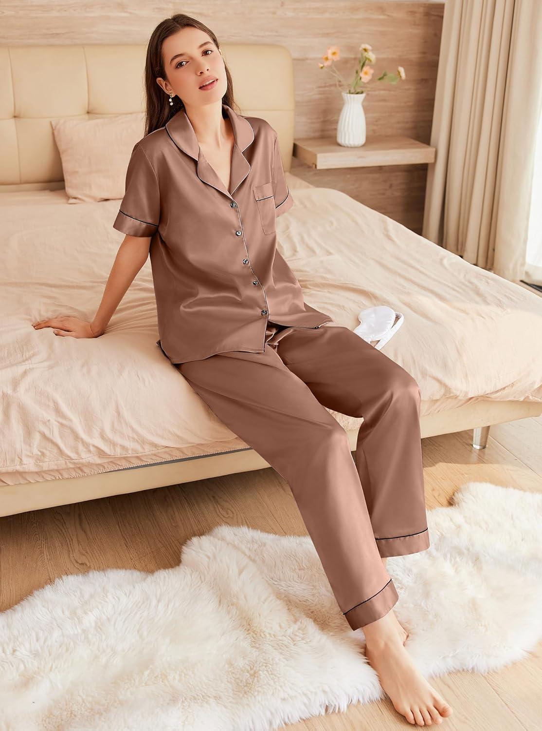 imageEkouaer Womens Silk Pajama Sets Silky Short Sleeve Pjs 2 Piece Silk Button Down Pajamas Soft Satin Pj Pants SetBrown