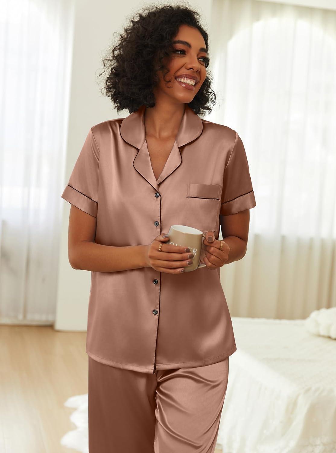 imageEkouaer Womens Silk Pajama Sets Silky Short Sleeve Pjs 2 Piece Silk Button Down Pajamas Soft Satin Pj Pants SetBrown
