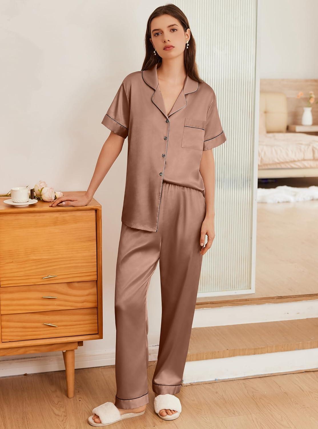 imageEkouaer Womens Silk Pajama Sets Silky Short Sleeve Pjs 2 Piece Silk Button Down Pajamas Soft Satin Pj Pants SetBrown