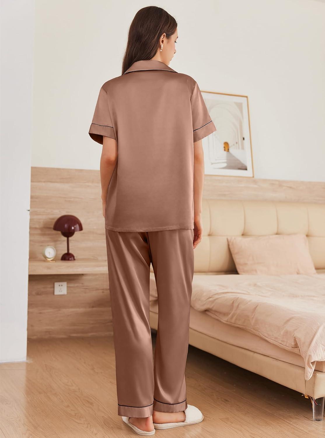 imageEkouaer Womens Silk Pajama Sets Silky Short Sleeve Pjs 2 Piece Silk Button Down Pajamas Soft Satin Pj Pants SetBrown
