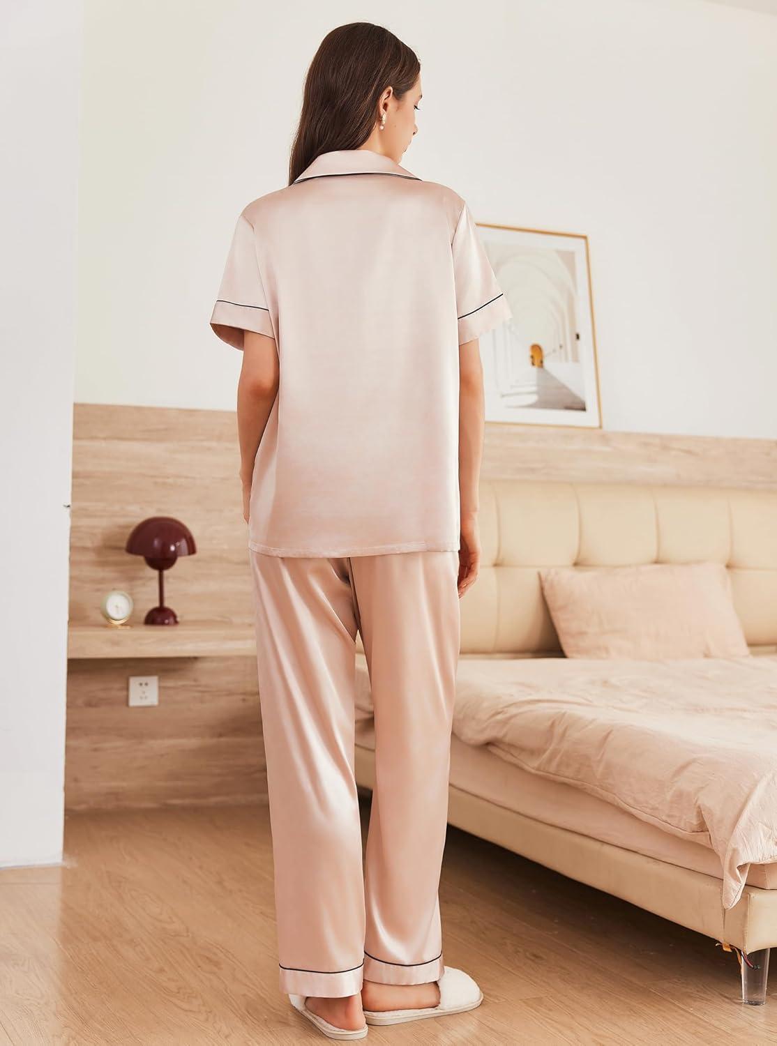 imageEkouaer Womens Silk Pajama Sets Silky Short Sleeve Pjs 2 Piece Silk Button Down Pajamas Soft Satin Pj Pants SetChampagne