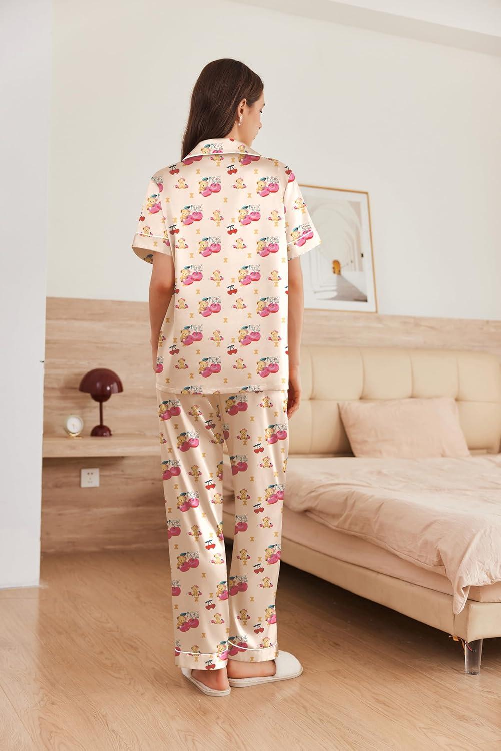 imageEkouaer Womens Silk Pajama Sets Silky Short Sleeve Pjs 2 Piece Silk Button Down Pajamas Soft Satin Pj Pants SetCherry Teddy