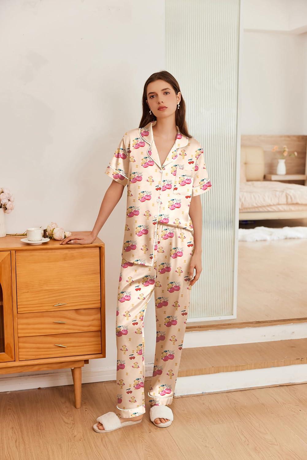 imageEkouaer Womens Silk Pajama Sets Silky Short Sleeve Pjs 2 Piece Silk Button Down Pajamas Soft Satin Pj Pants SetCherry Teddy