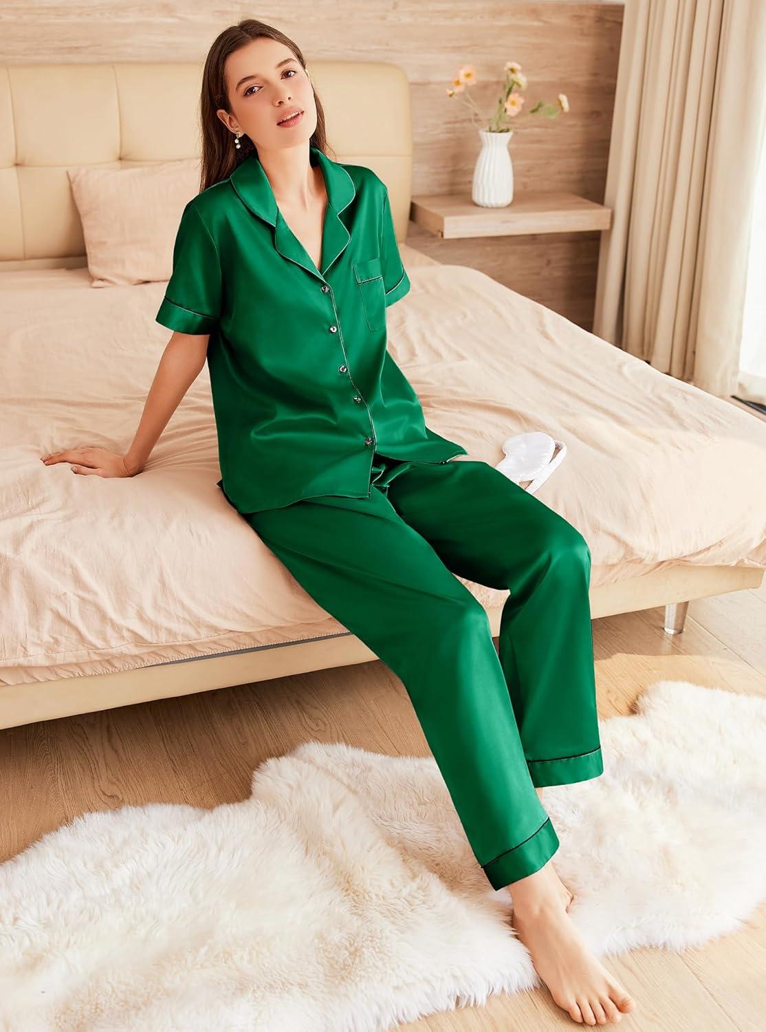 imageEkouaer Womens Silk Pajama Sets Silky Short Sleeve Pjs 2 Piece Silk Button Down Pajamas Soft Satin Pj Pants SetDark Green