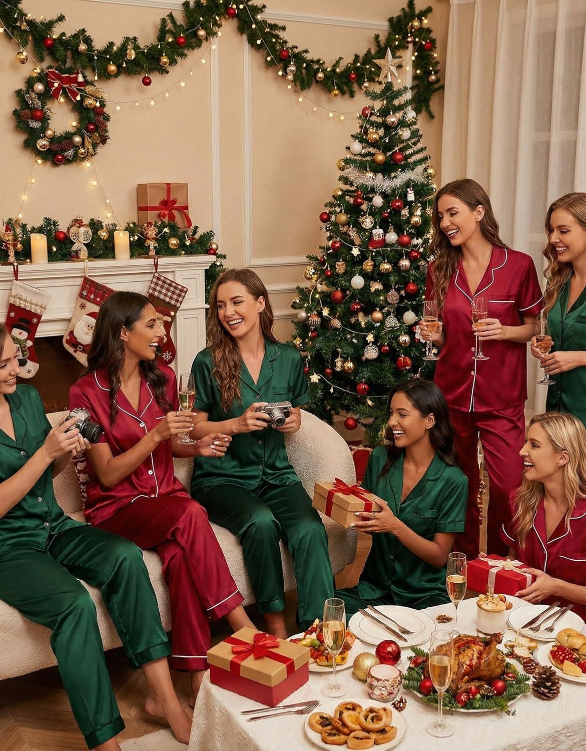 imageEkouaer Womens Silk Pajama Sets Silky Short Sleeve Pjs 2 Piece Silk Button Down Pajamas Soft Satin Pj Pants SetDark Green