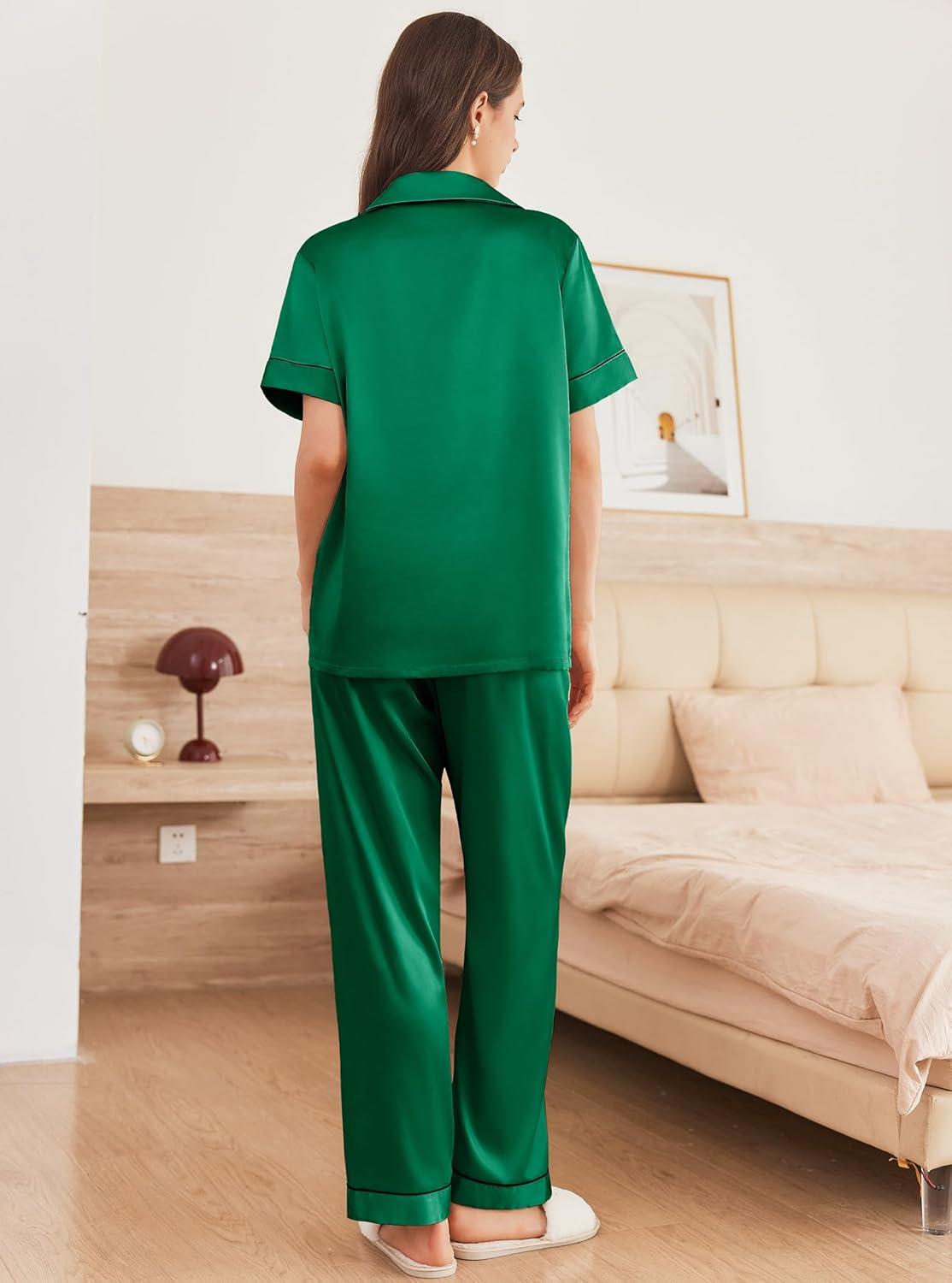 imageEkouaer Womens Silk Pajama Sets Silky Short Sleeve Pjs 2 Piece Silk Button Down Pajamas Soft Satin Pj Pants SetDark Green