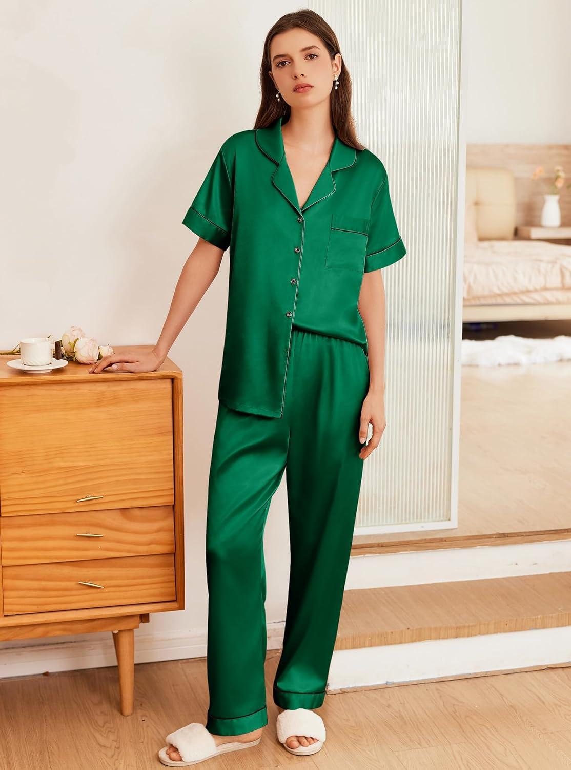 imageEkouaer Womens Silk Pajama Sets Silky Short Sleeve Pjs 2 Piece Silk Button Down Pajamas Soft Satin Pj Pants SetDark Green