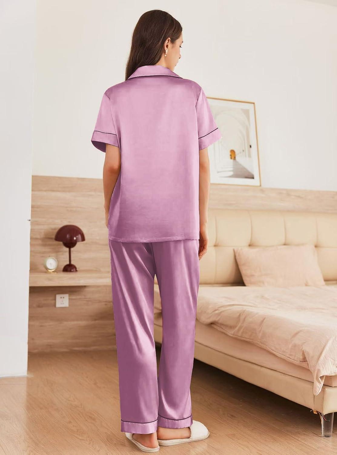 imageEkouaer Womens Silk Pajama Sets Silky Short Sleeve Pjs 2 Piece Silk Button Down Pajamas Soft Satin Pj Pants SetFuchsia