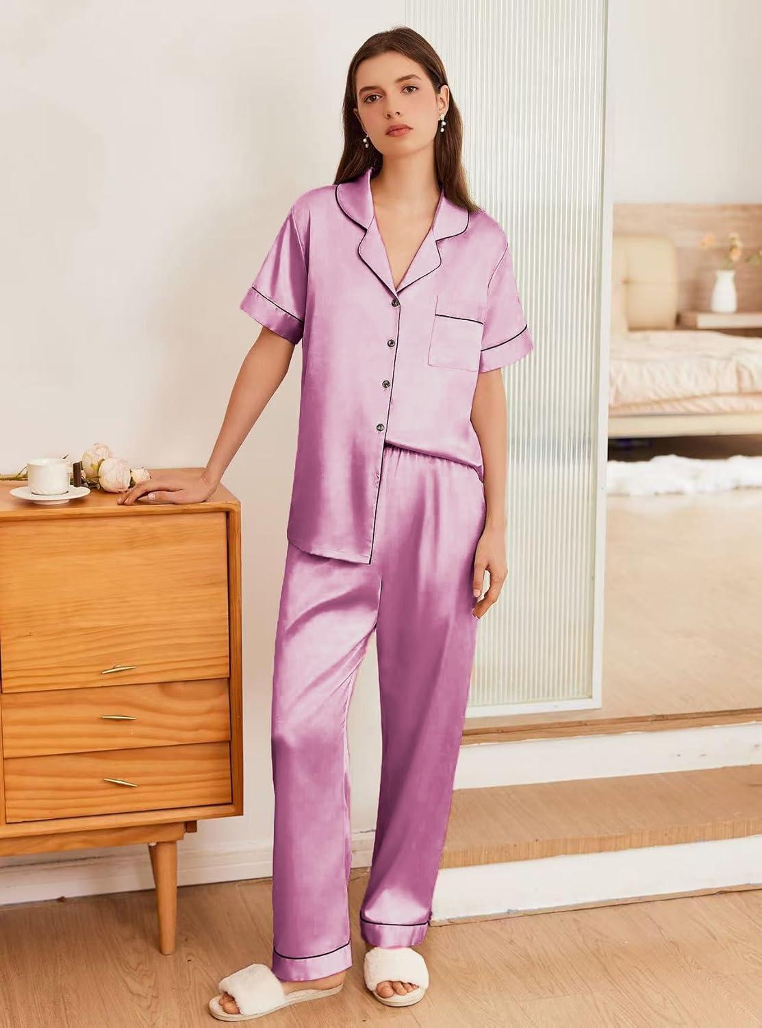 imageEkouaer Womens Silk Pajama Sets Silky Short Sleeve Pjs 2 Piece Silk Button Down Pajamas Soft Satin Pj Pants SetFuchsia