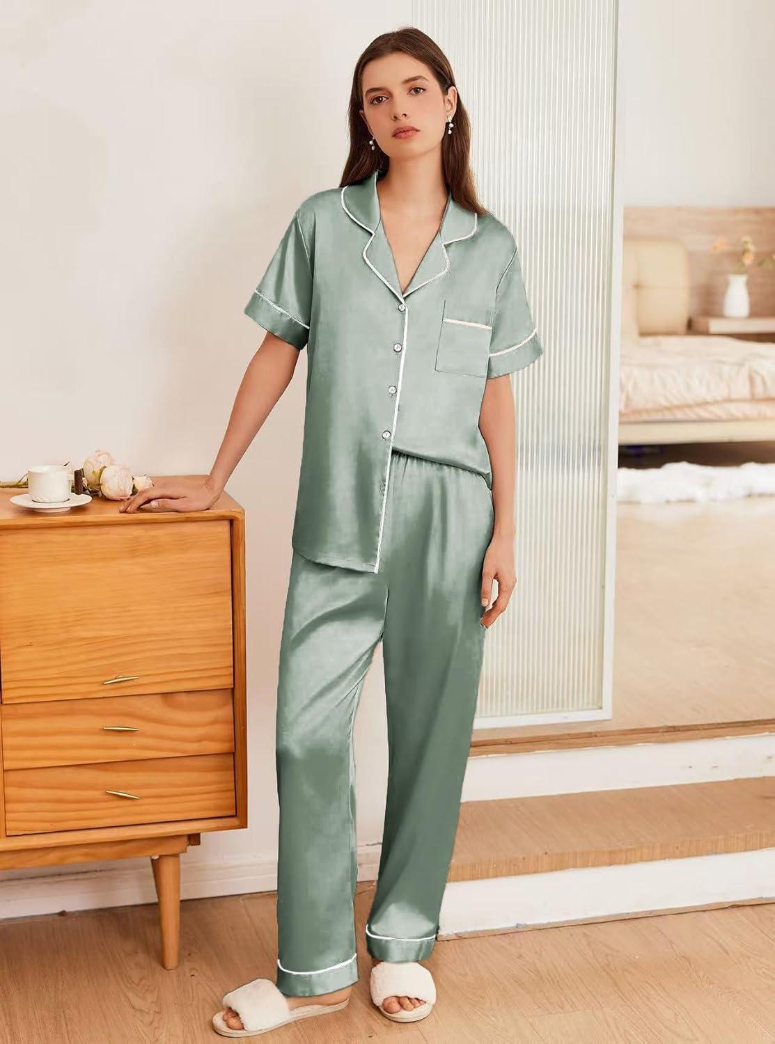 imageEkouaer Womens Silk Pajama Sets Silky Short Sleeve Pjs 2 Piece Silk Button Down Pajamas Soft Satin Pj Pants SetIce Green