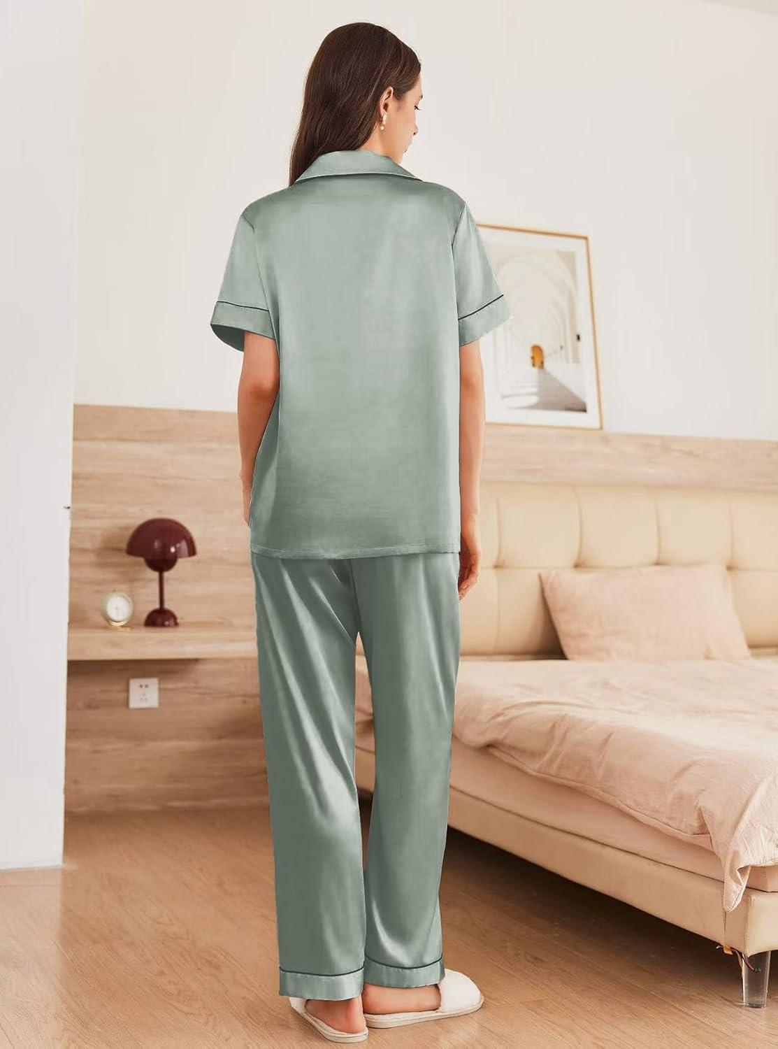 imageEkouaer Womens Silk Pajama Sets Silky Short Sleeve Pjs 2 Piece Silk Button Down Pajamas Soft Satin Pj Pants SetIce Green