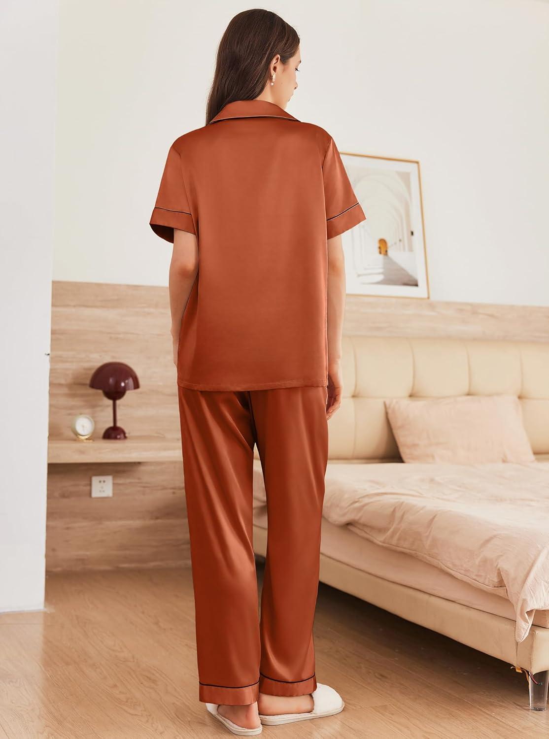 imageEkouaer Womens Silk Pajama Sets Silky Short Sleeve Pjs 2 Piece Silk Button Down Pajamas Soft Satin Pj Pants SetLight Brown