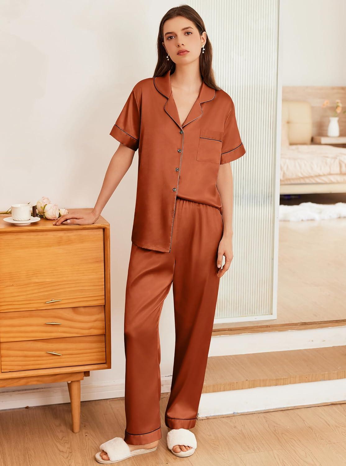 imageEkouaer Womens Silk Pajama Sets Silky Short Sleeve Pjs 2 Piece Silk Button Down Pajamas Soft Satin Pj Pants SetLight Brown
