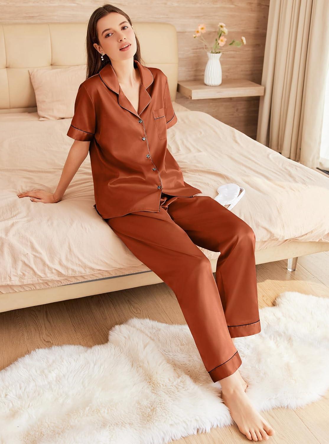 imageEkouaer Womens Silk Pajama Sets Silky Short Sleeve Pjs 2 Piece Silk Button Down Pajamas Soft Satin Pj Pants SetLight Brown