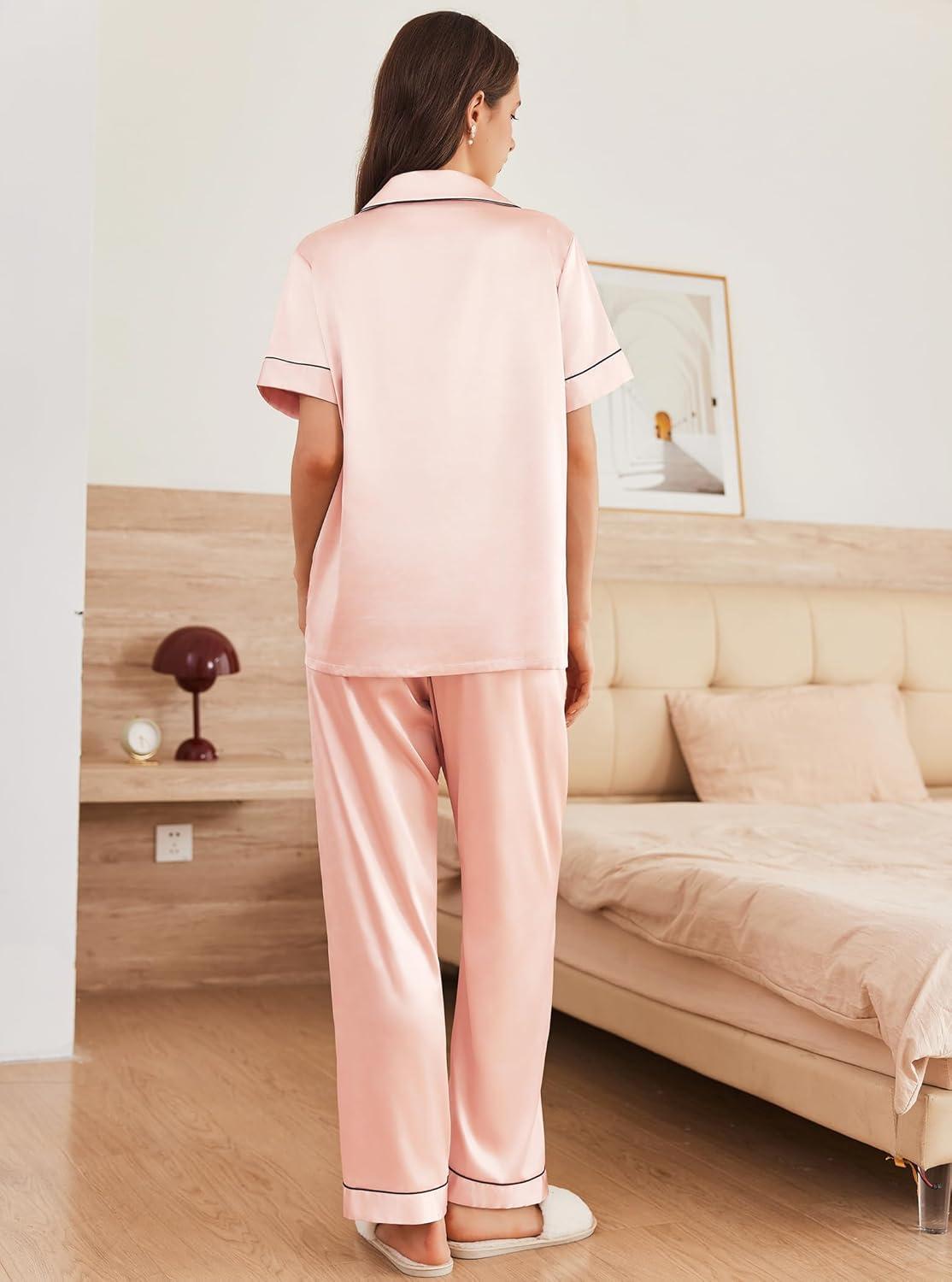 imageEkouaer Womens Silk Pajama Sets Silky Short Sleeve Pjs 2 Piece Silk Button Down Pajamas Soft Satin Pj Pants SetLight Pink