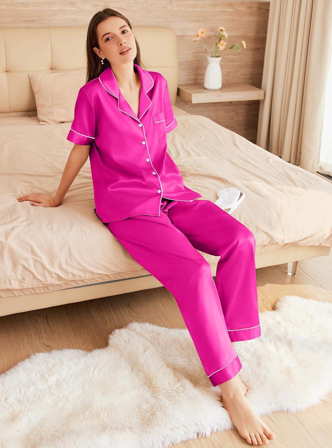 imageEkouaer Womens Silk Pajama Sets Silky Short Sleeve Pjs 2 Piece Silk Button Down Pajamas Soft Satin Pj Pants SetRose Red