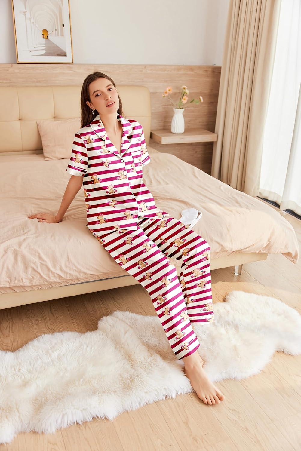 imageEkouaer Womens Silk Pajama Sets Silky Short Sleeve Pjs 2 Piece Silk Button Down Pajamas Soft Satin Pj Pants SetStriped Teddy