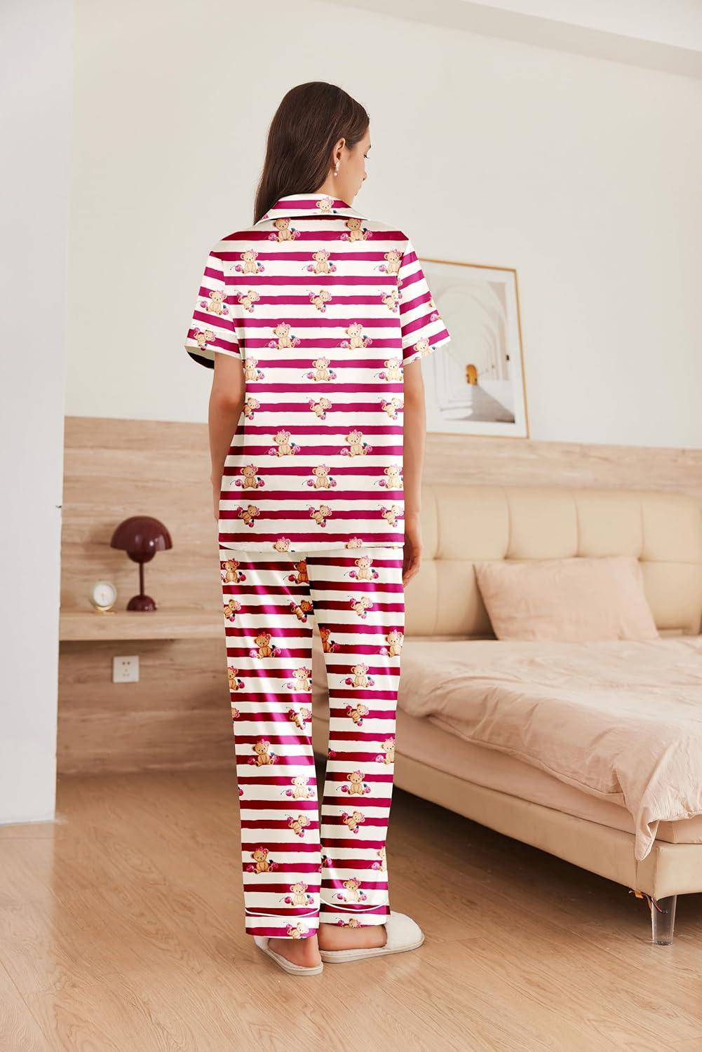 imageEkouaer Womens Silk Pajama Sets Silky Short Sleeve Pjs 2 Piece Silk Button Down Pajamas Soft Satin Pj Pants SetStriped Teddy