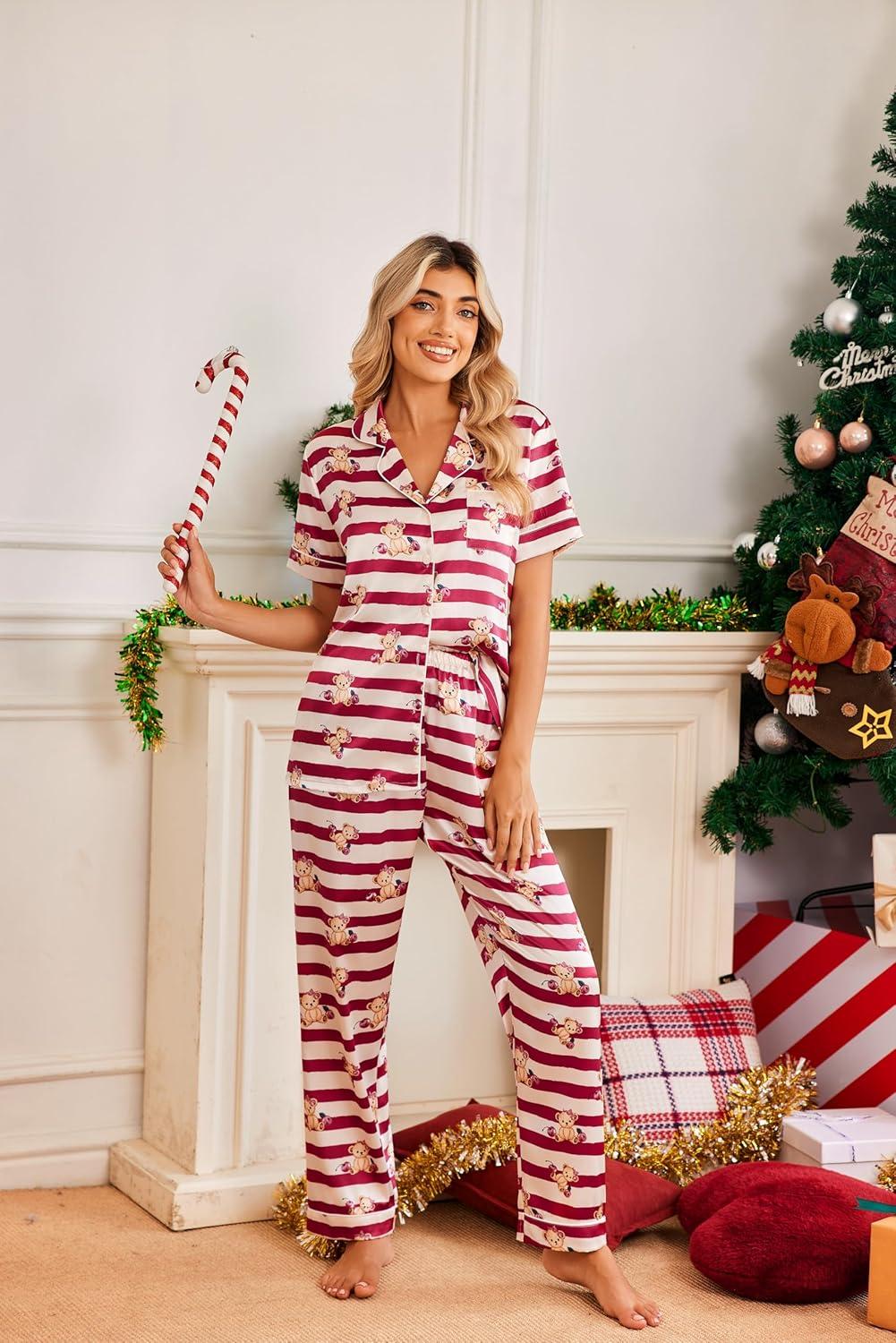 imageEkouaer Womens Silk Pajama Sets Silky Short Sleeve Pjs 2 Piece Silk Button Down Pajamas Soft Satin Pj Pants SetStriped Teddy