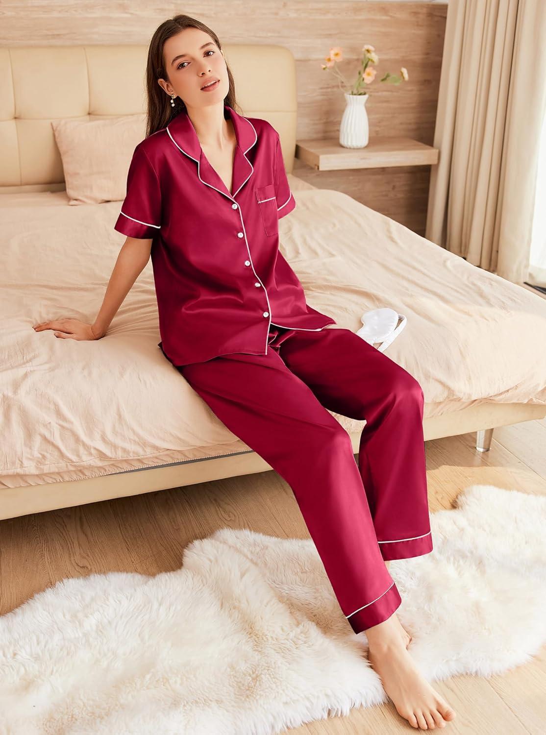 imageEkouaer Womens Silk Pajama Sets Silky Short Sleeve Pjs 2 Piece Silk Button Down Pajamas Soft Satin Pj Pants SetWine Red