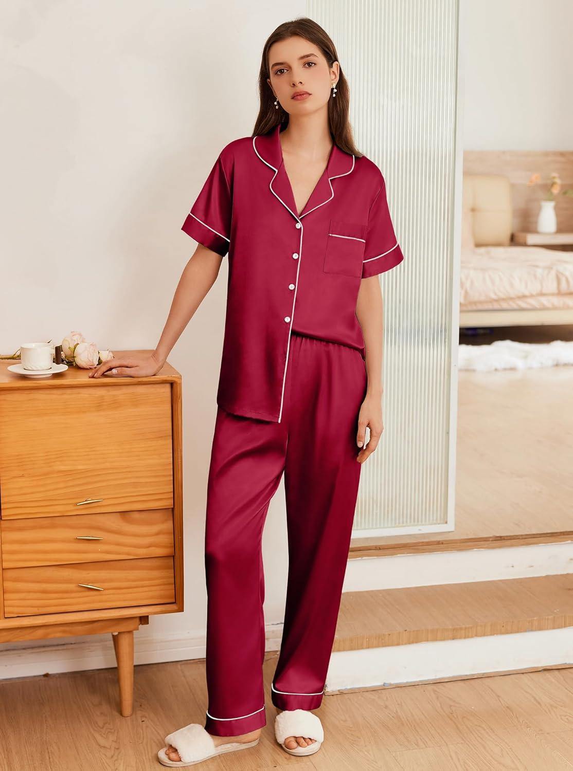 imageEkouaer Womens Silk Pajama Sets Silky Short Sleeve Pjs 2 Piece Silk Button Down Pajamas Soft Satin Pj Pants SetWine Red