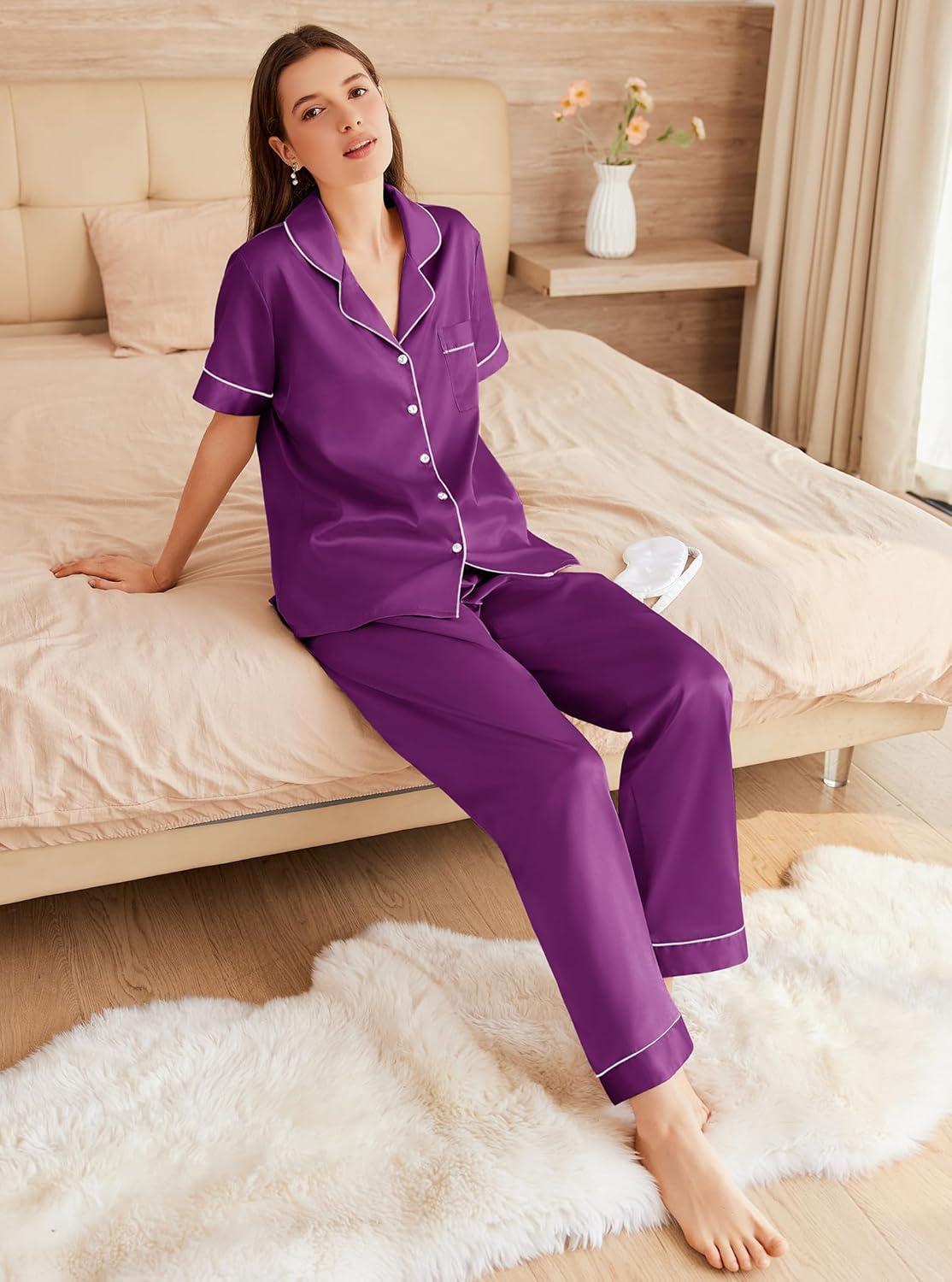 imageEkouaer Womens Silk Pajama Sets Silky Short Sleeve Pjs 2 Piece Silk Button Down Pajamas Soft Satin Pj Pants SetWineberry