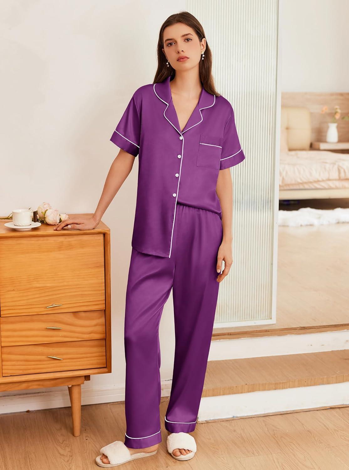 imageEkouaer Womens Silk Pajama Sets Silky Short Sleeve Pjs 2 Piece Silk Button Down Pajamas Soft Satin Pj Pants SetWineberry
