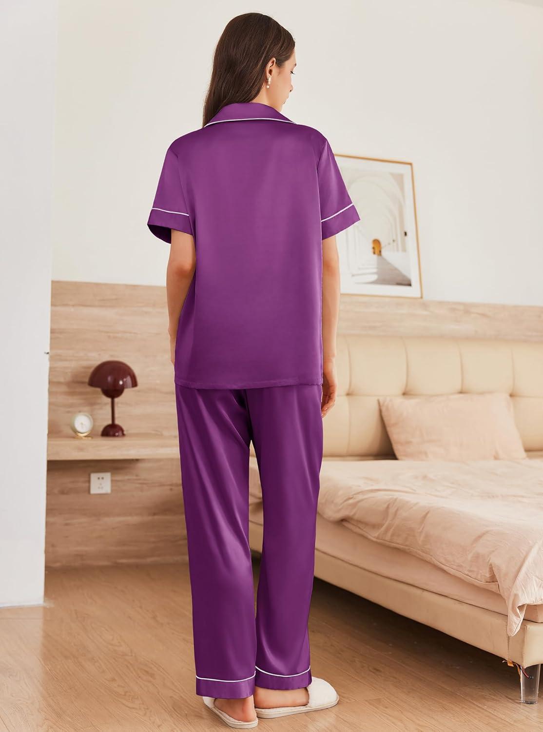 imageEkouaer Womens Silk Pajama Sets Silky Short Sleeve Pjs 2 Piece Silk Button Down Pajamas Soft Satin Pj Pants SetWineberry