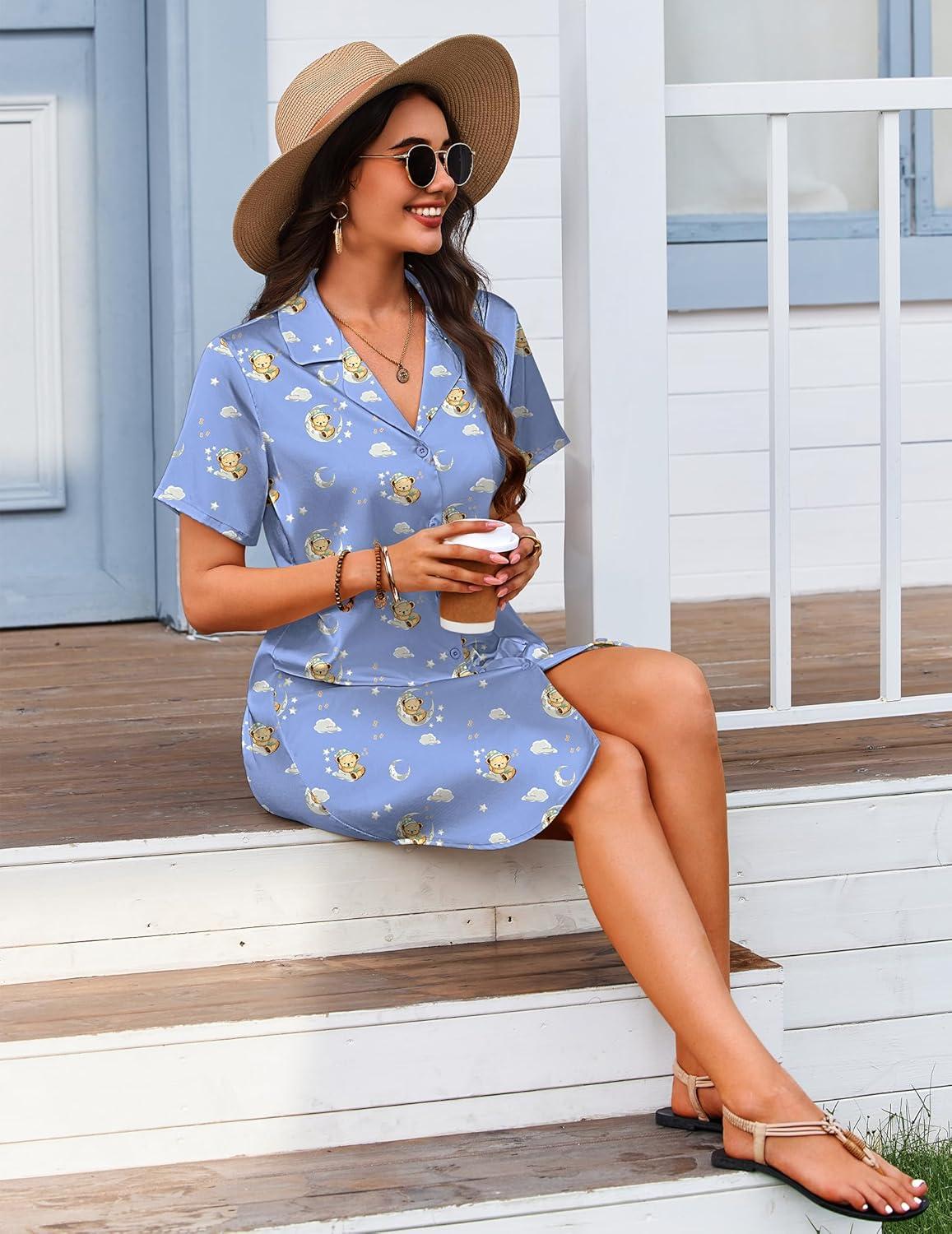 imageEkouaer Womens Sleepshirts Satin Silk Nightgown Short Sleeve Sleepwear Casual Print Sleepdress Boyfriend Pajamas NightshirtBlue Teddy