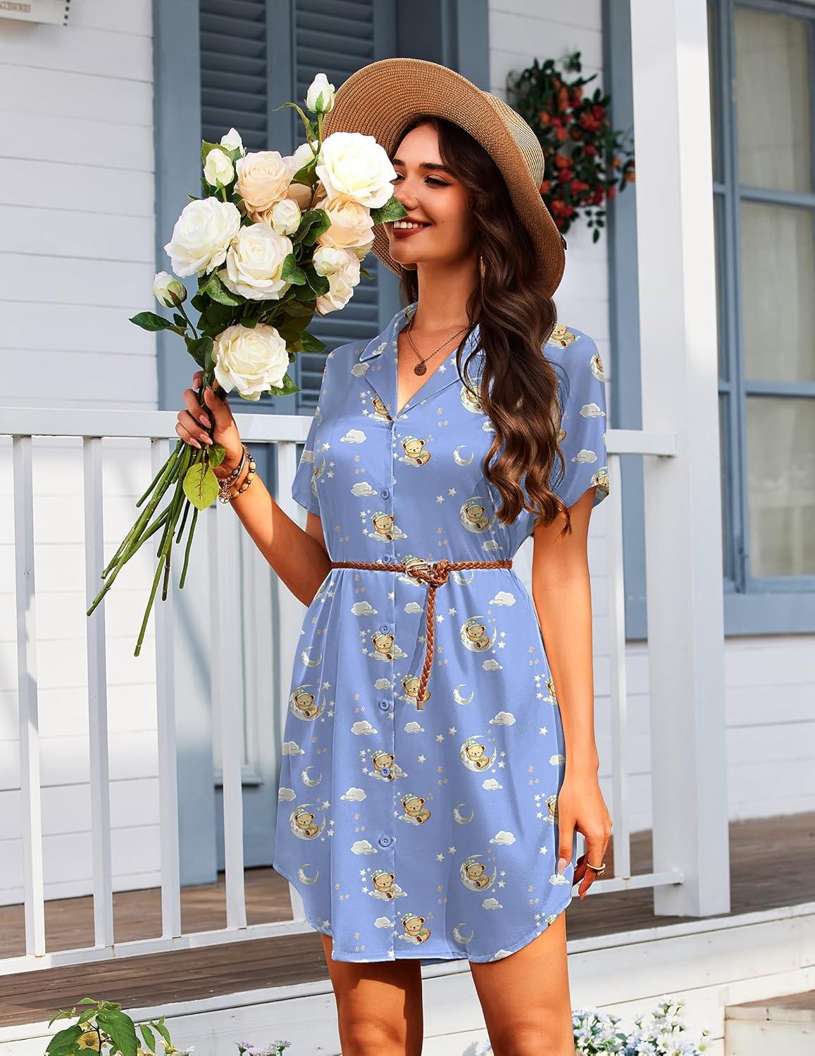 imageEkouaer Womens Sleepshirts Satin Silk Nightgown Short Sleeve Sleepwear Casual Print Sleepdress Boyfriend Pajamas NightshirtBlue Teddy