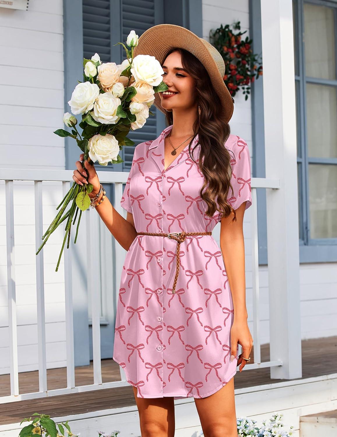imageEkouaer Womens Sleepshirts Satin Silk Nightgown Short Sleeve Sleepwear Casual Print Sleepdress Boyfriend Pajamas NightshirtPink Bow