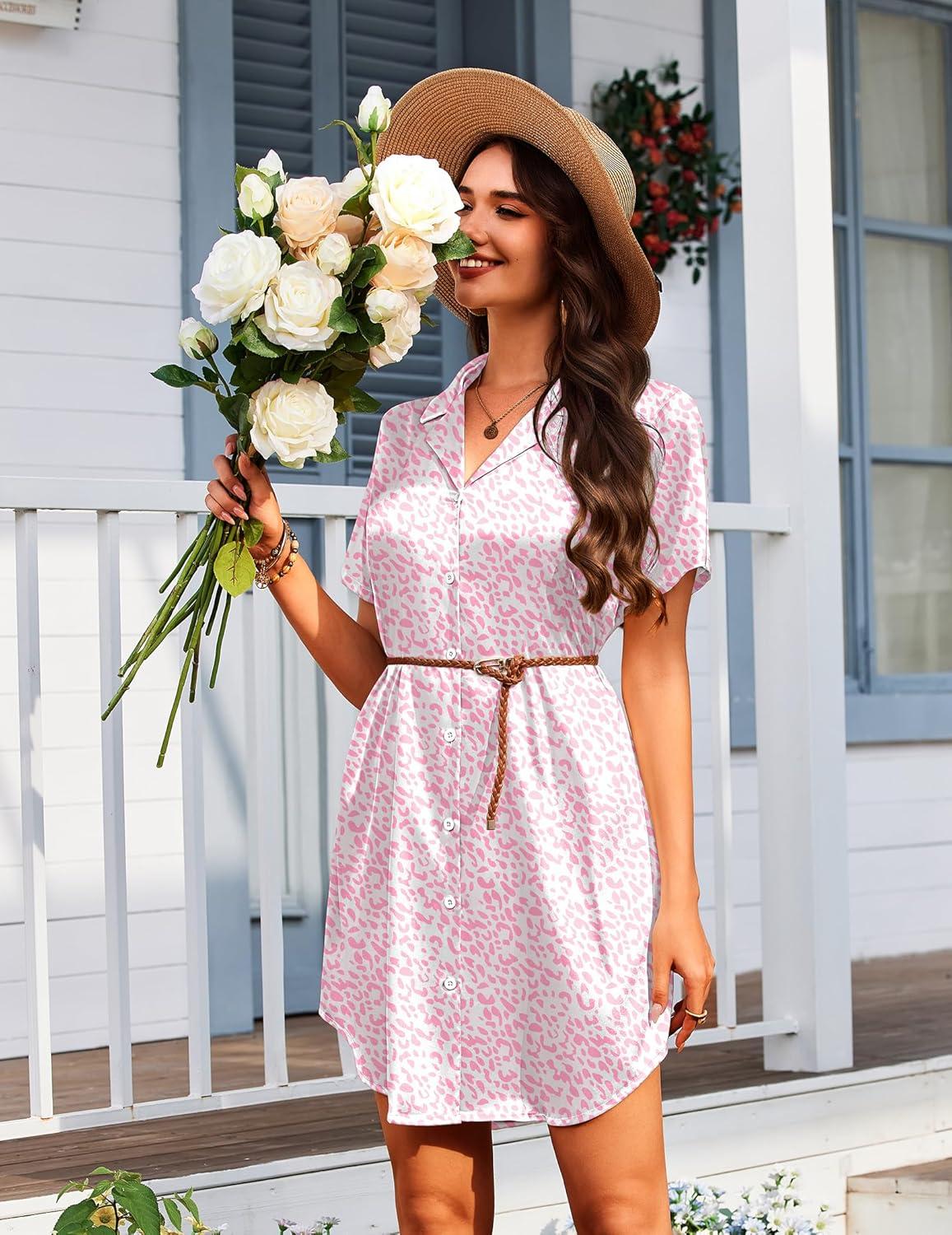 imageEkouaer Womens Sleepshirts Satin Silk Nightgown Short Sleeve Sleepwear Casual Print Sleepdress Boyfriend Pajamas NightshirtPink Leopard
