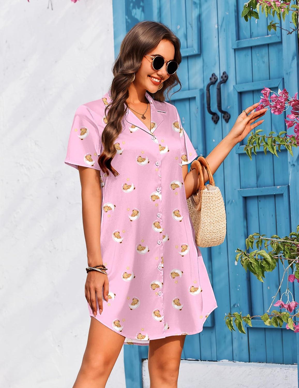 imageEkouaer Womens Sleepshirts Satin Silk Nightgown Short Sleeve Sleepwear Casual Print Sleepdress Boyfriend Pajamas NightshirtPink Teddy
