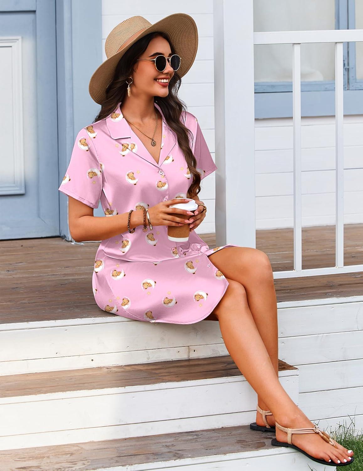 imageEkouaer Womens Sleepshirts Satin Silk Nightgown Short Sleeve Sleepwear Casual Print Sleepdress Boyfriend Pajamas NightshirtPink Teddy