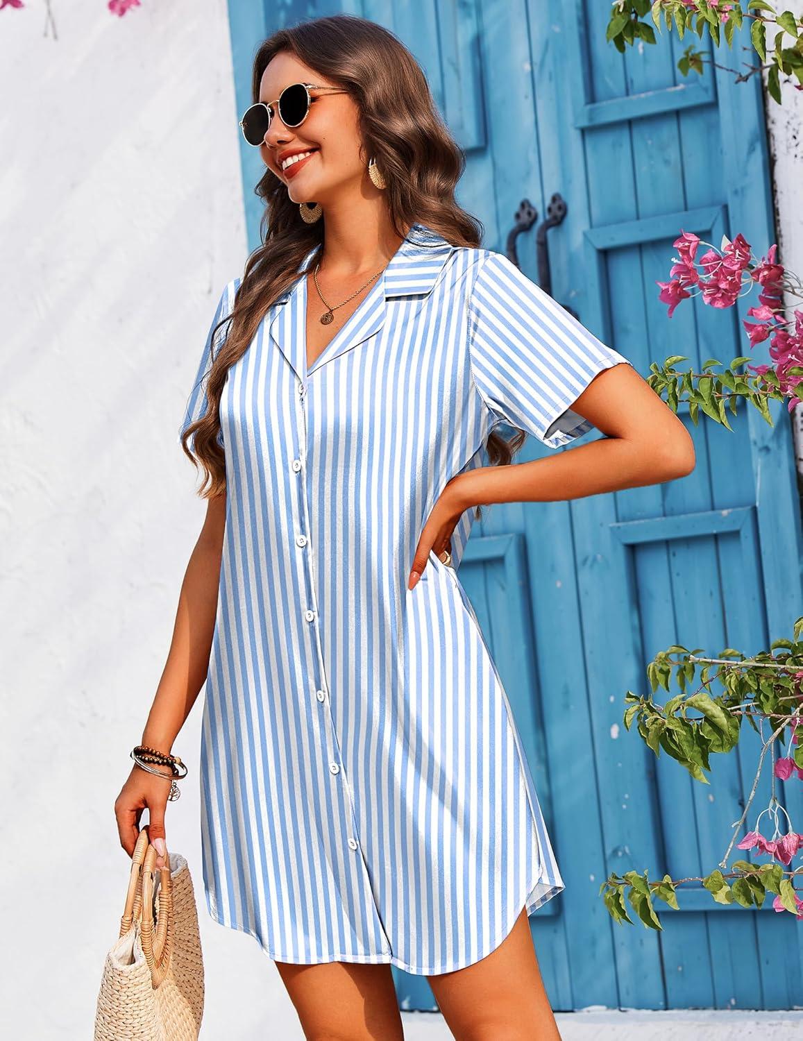 imageEkouaer Womens Sleepshirts Satin Silk Nightgown Short Sleeve Sleepwear Casual Print Sleepdress Boyfriend Pajamas NightshirtStriped Blue