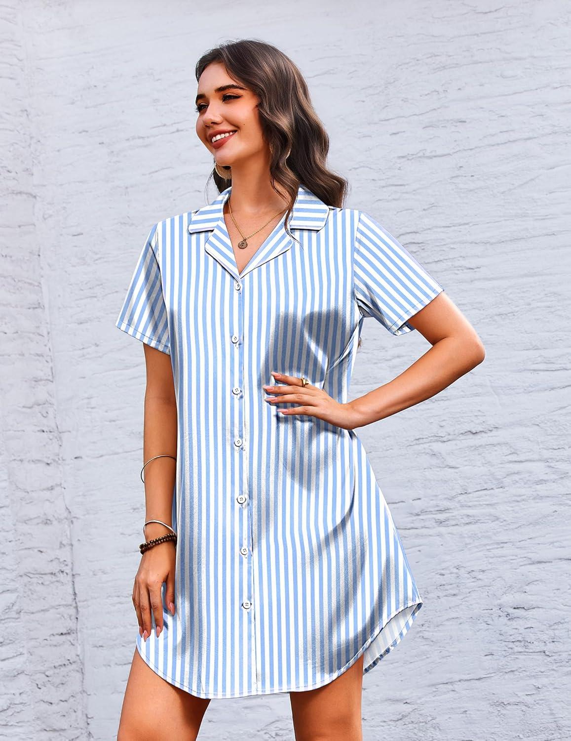 imageEkouaer Womens Sleepshirts Satin Silk Nightgown Short Sleeve Sleepwear Casual Print Sleepdress Boyfriend Pajamas NightshirtStriped Blue