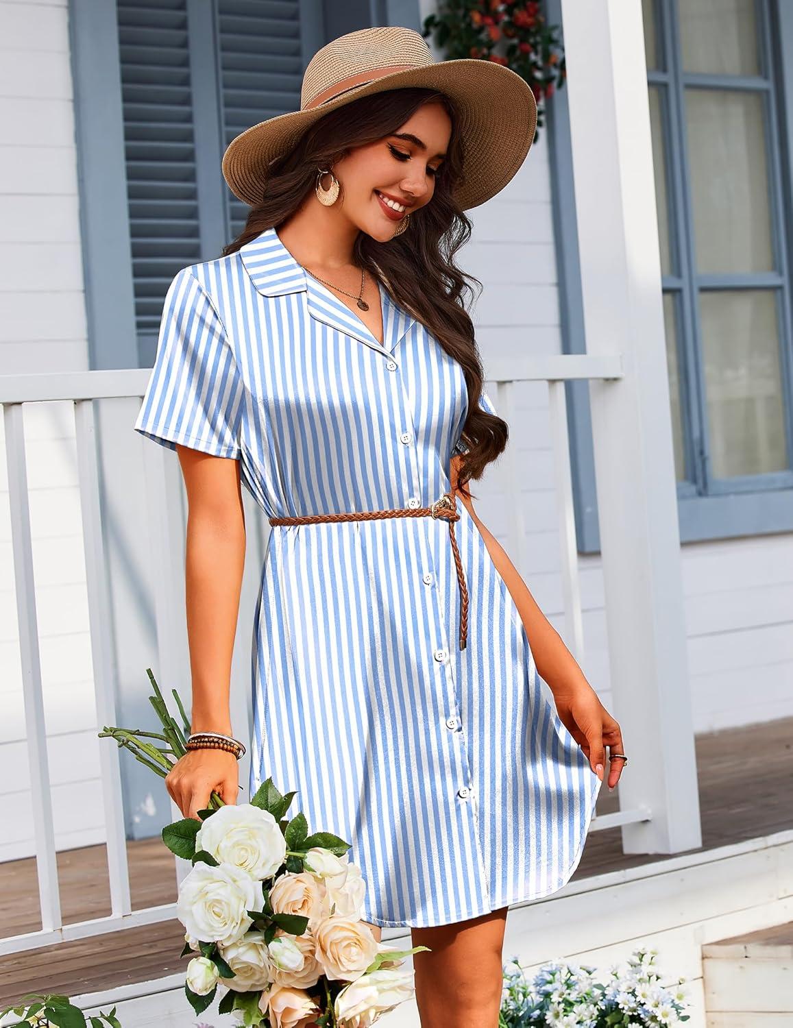 imageEkouaer Womens Sleepshirts Satin Silk Nightgown Short Sleeve Sleepwear Casual Print Sleepdress Boyfriend Pajamas NightshirtStriped Blue
