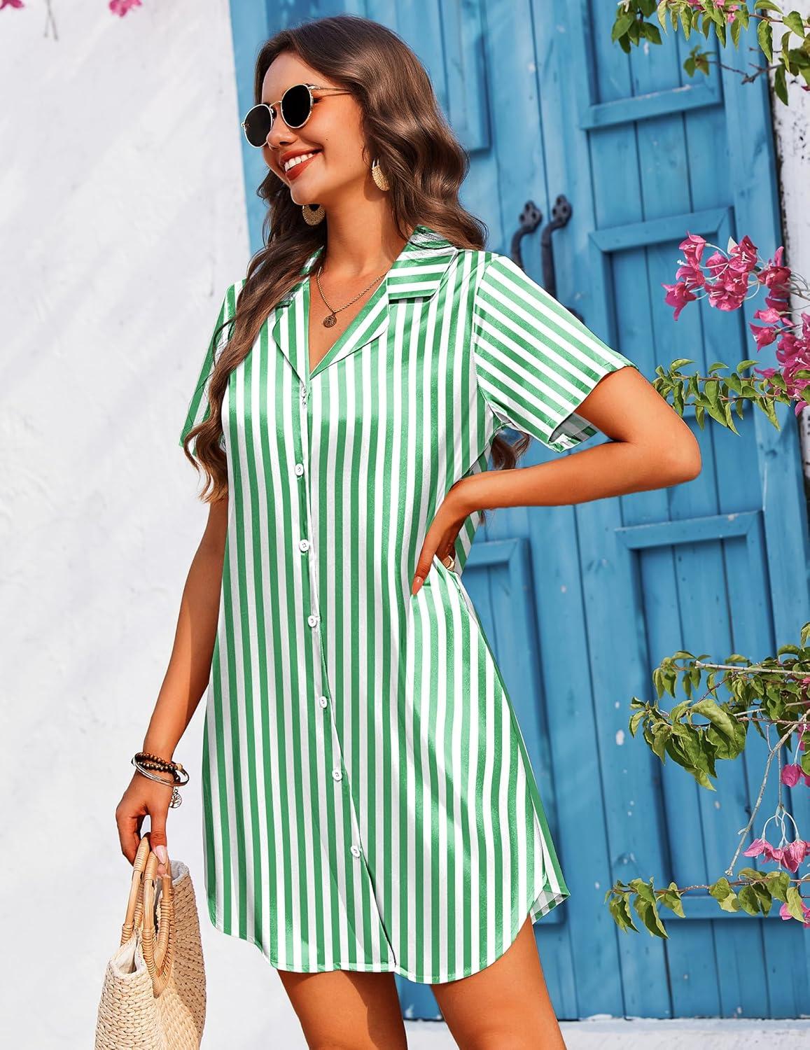 imageEkouaer Womens Sleepshirts Satin Silk Nightgown Short Sleeve Sleepwear Casual Print Sleepdress Boyfriend Pajamas NightshirtStriped Green