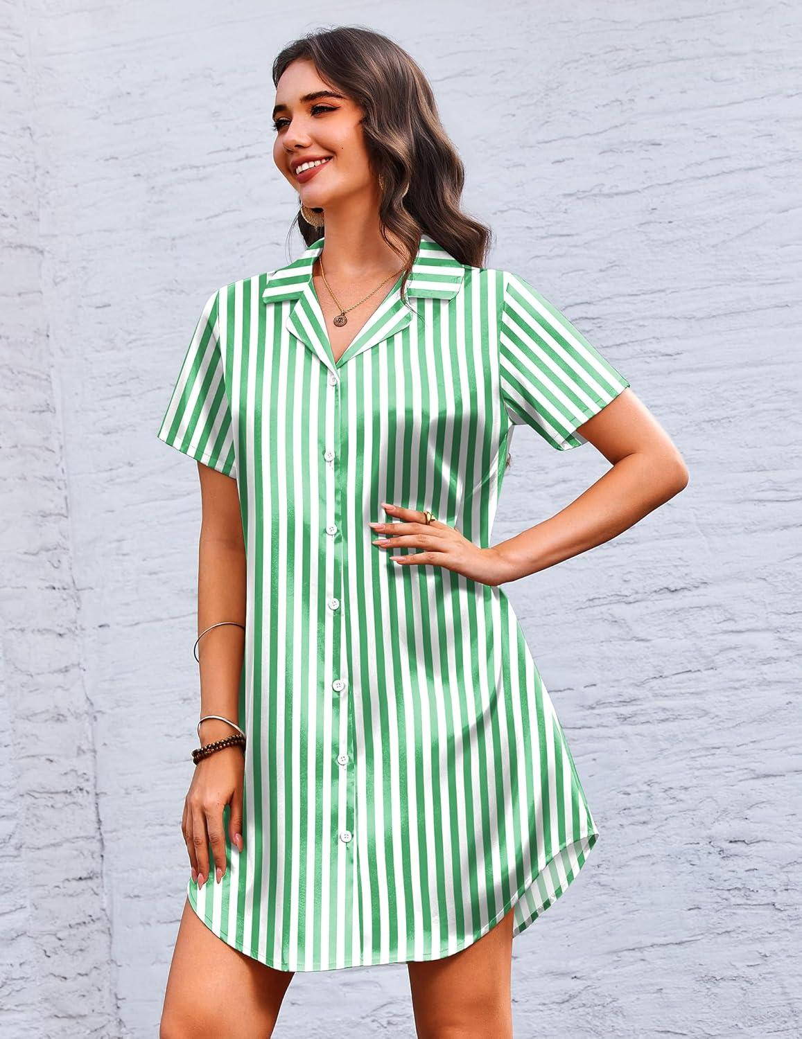 imageEkouaer Womens Sleepshirts Satin Silk Nightgown Short Sleeve Sleepwear Casual Print Sleepdress Boyfriend Pajamas NightshirtStriped Green