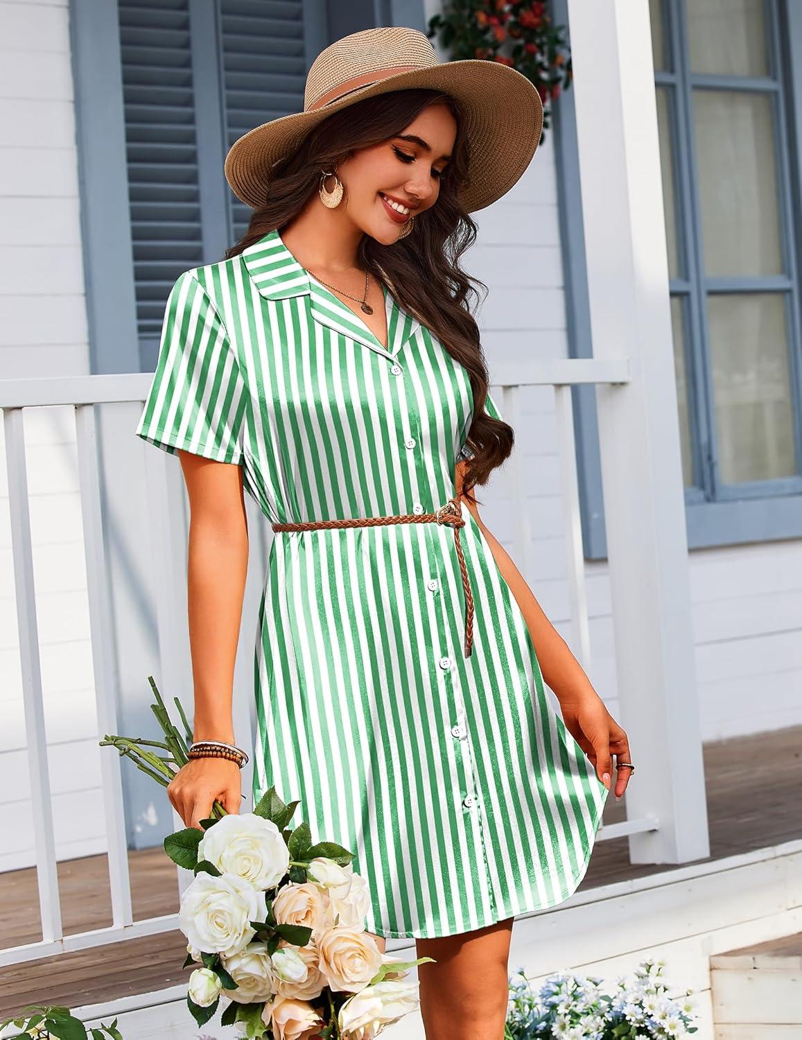 imageEkouaer Womens Sleepshirts Satin Silk Nightgown Short Sleeve Sleepwear Casual Print Sleepdress Boyfriend Pajamas NightshirtStriped Green