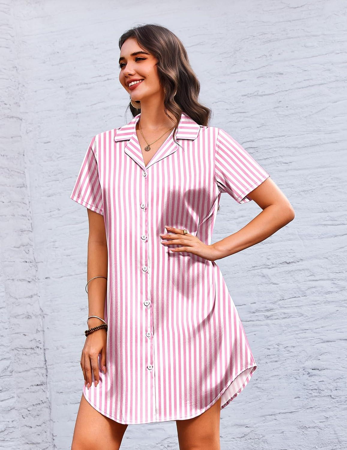 imageEkouaer Womens Sleepshirts Satin Silk Nightgown Short Sleeve Sleepwear Casual Print Sleepdress Boyfriend Pajamas NightshirtStriped Pink