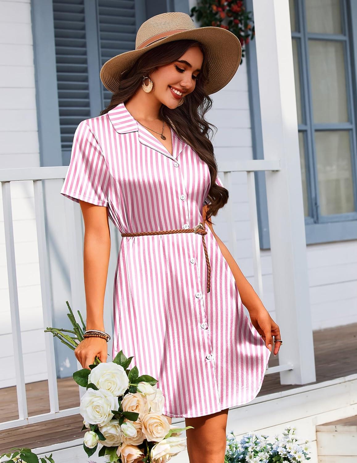 imageEkouaer Womens Sleepshirts Satin Silk Nightgown Short Sleeve Sleepwear Casual Print Sleepdress Boyfriend Pajamas NightshirtStriped Pink