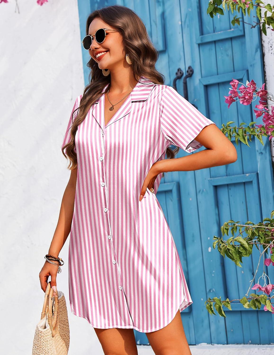imageEkouaer Womens Sleepshirts Satin Silk Nightgown Short Sleeve Sleepwear Casual Print Sleepdress Boyfriend Pajamas NightshirtStriped Pink