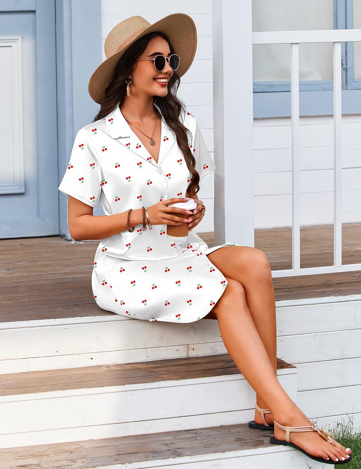 imageEkouaer Womens Sleepshirts Satin Silk Nightgown Short Sleeve Sleepwear Casual Print Sleepdress Boyfriend Pajamas NightshirtWhite With Cherry