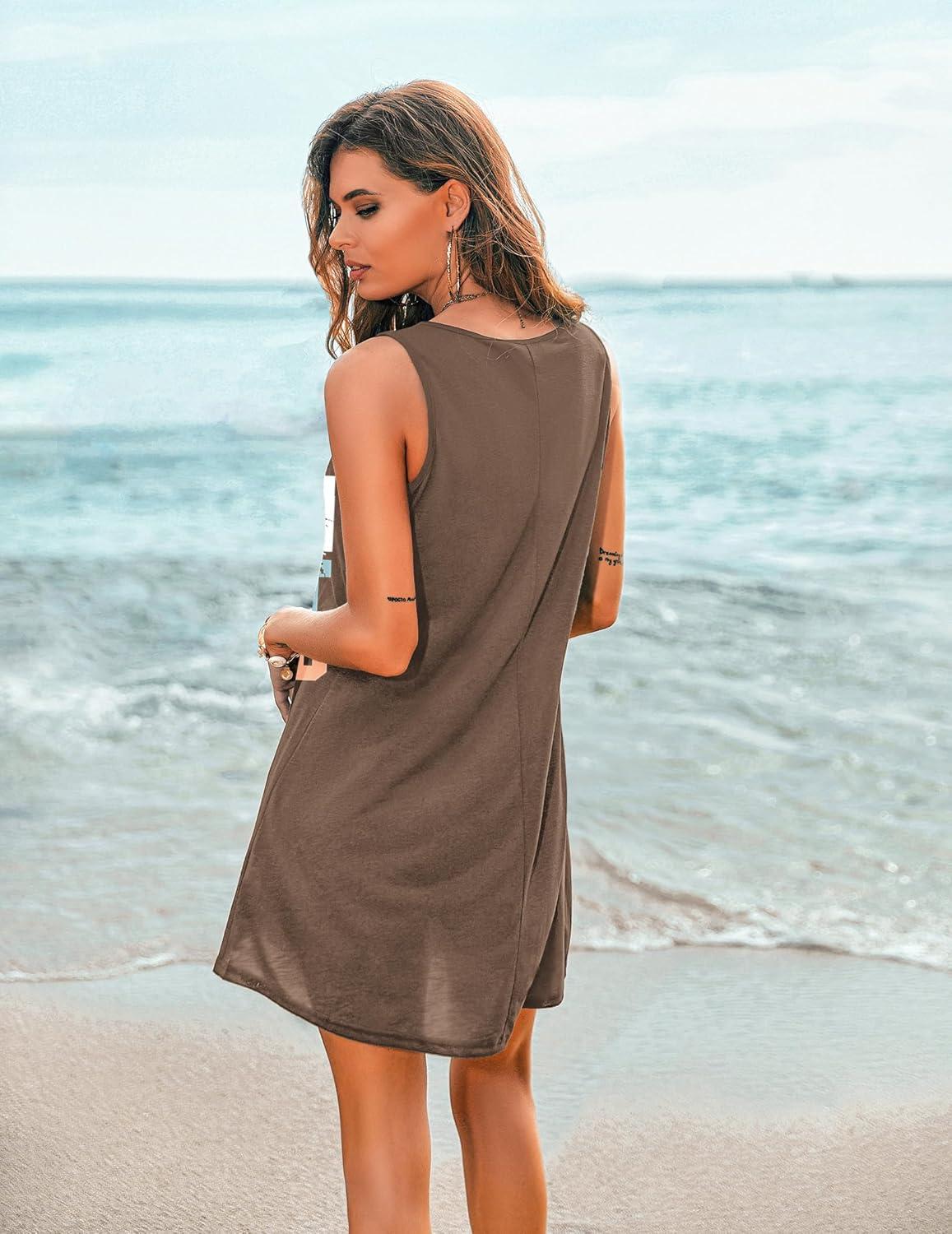 imageEkouaer Womens Sleeveless Swimwear Coverups TShirt Beach Dress Tank Bikini Cover Up with PrintAbrowncoconut Palm