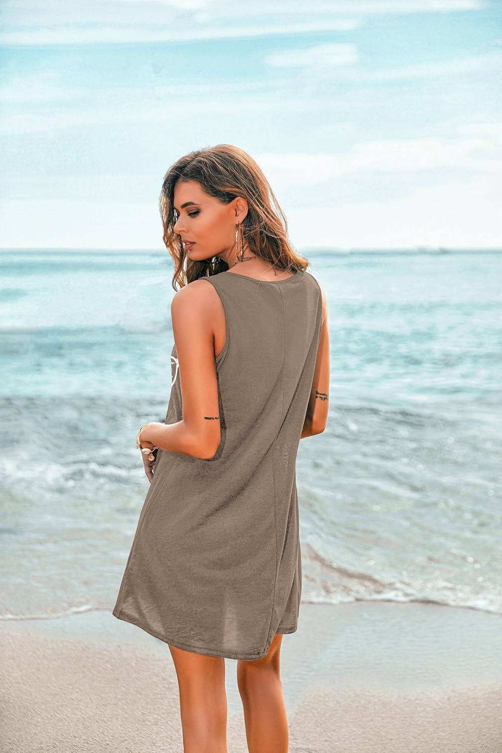 imageEkouaer Womens Sleeveless Swimwear Coverups TShirt Beach Dress Tank Bikini Cover Up with PrintAbrownglasses