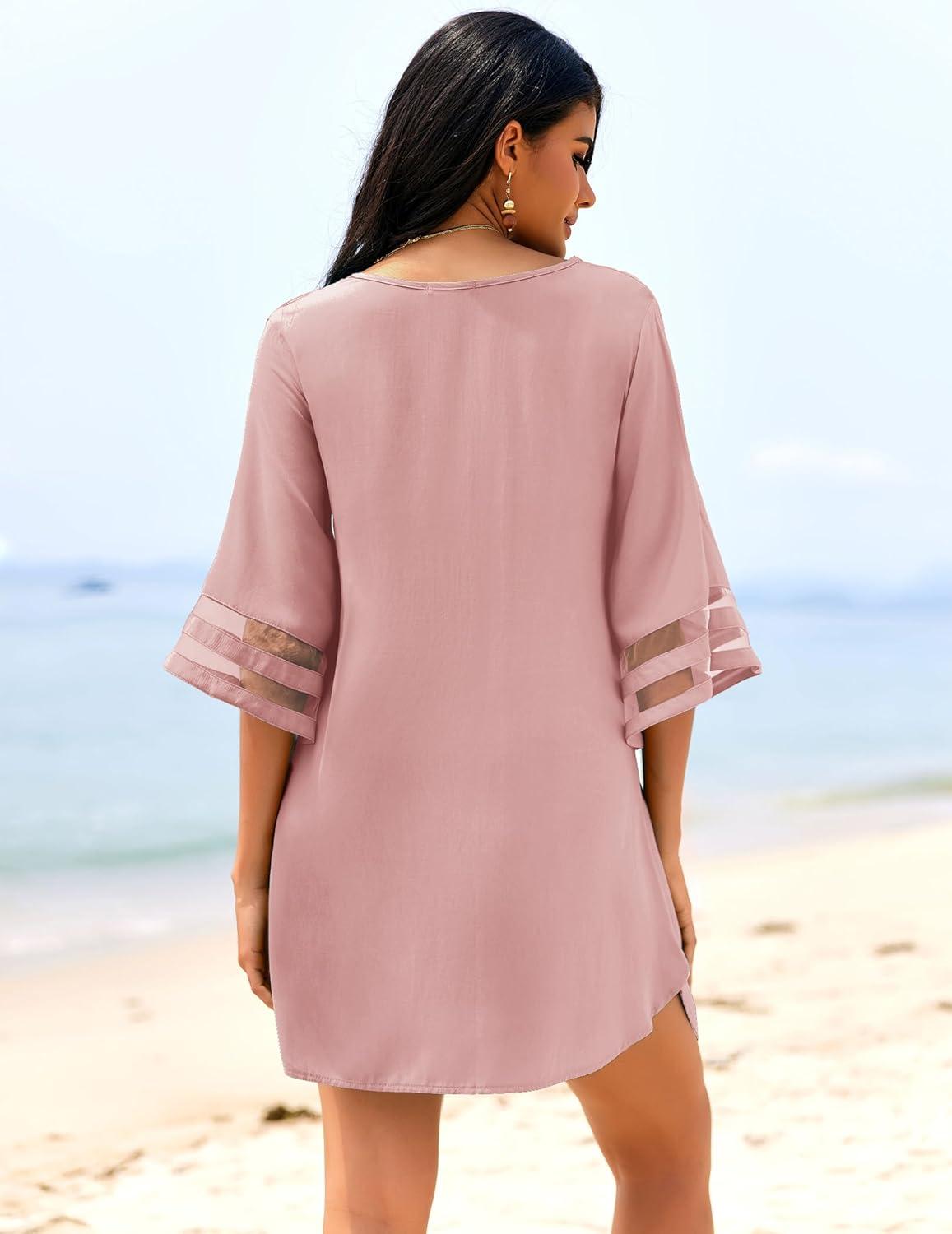 imageEkouaer Womens Swimsuit Cover Up 34 Bell Sleeve Beachwear Coverups Deep VNeck Bikini Beach Dress S3XLGray Purple