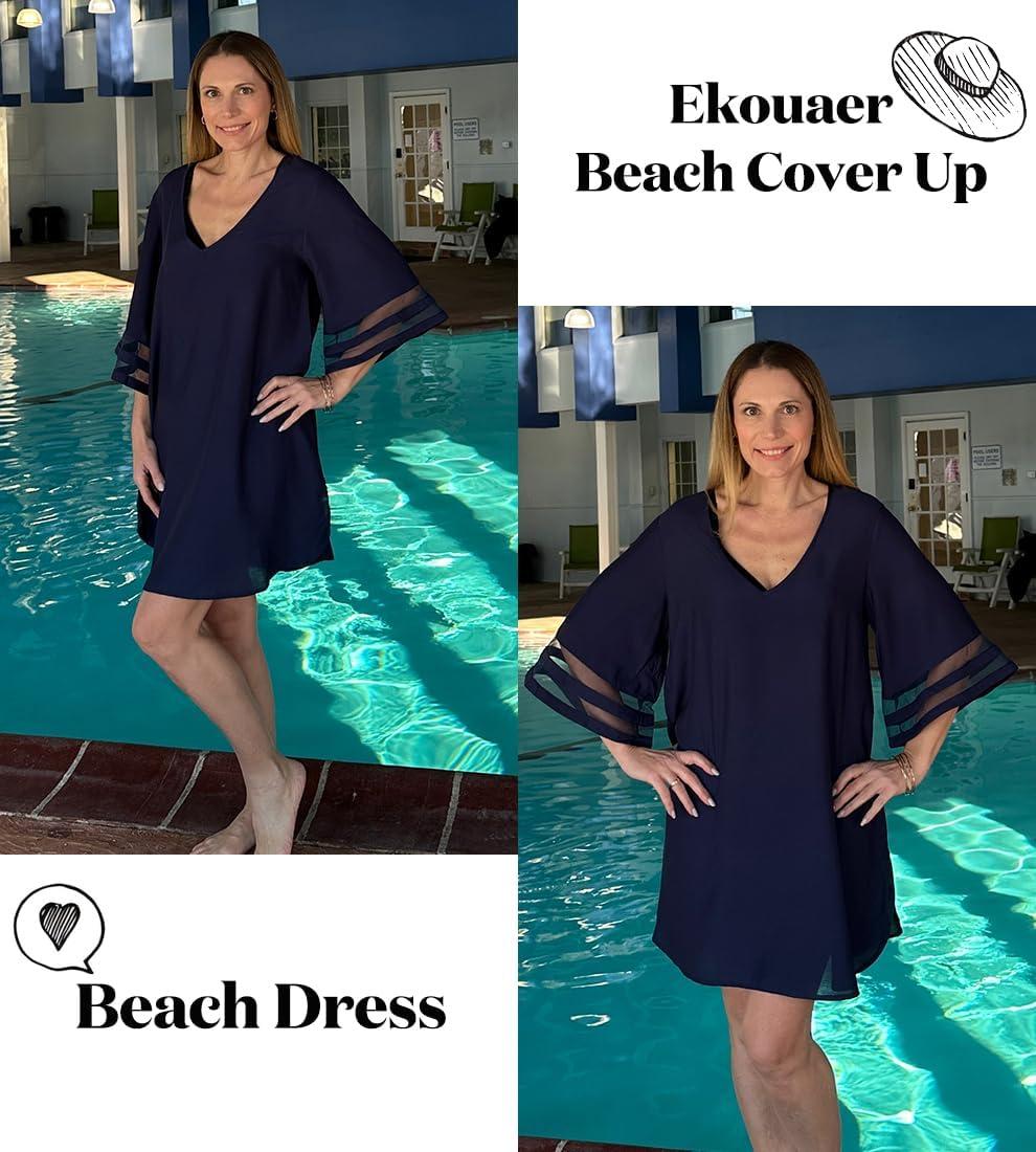 imageEkouaer Womens Swimsuit Cover Up 34 Bell Sleeve Beachwear Coverups Deep VNeck Bikini Beach Dress S3XLNavy Blue