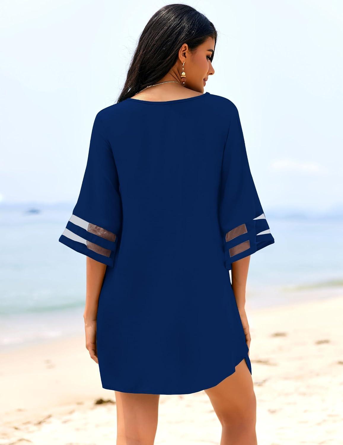 imageEkouaer Womens Swimsuit Cover Up 34 Bell Sleeve Beachwear Coverups Deep VNeck Bikini Beach Dress S3XLNavy Blue