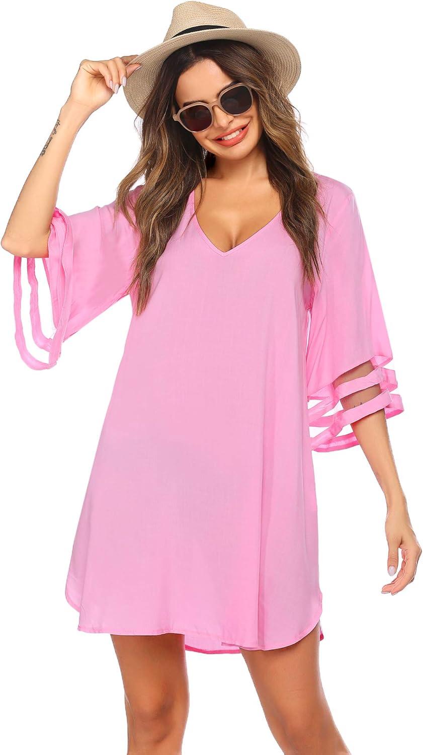 imageEkouaer Womens Swimsuit Cover Up 34 Bell Sleeve Beachwear Coverups Deep VNeck Bikini Beach Dress S3XLPink